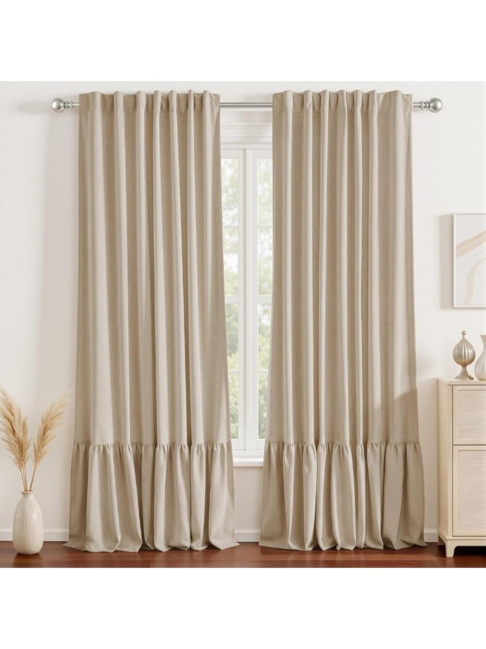 Elegant Blackout Curtains, Double Layer Ruffle Design, 2 Panels, Linen, 52x84